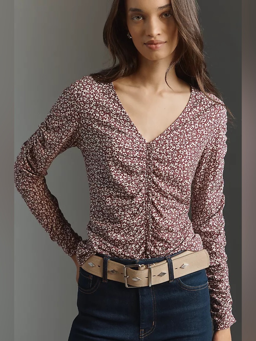 Nation Los Angeles Colette Ruched Top in Burgundy / Cream - XS
